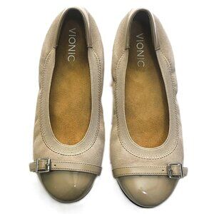 Vionic‎ Neva Patent Leather Suede Ballet Flats Buckle Taupe | Size 6 - Women's
